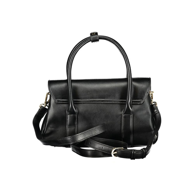 Black polyurethane women's handbag with top handles and a shoulder strap