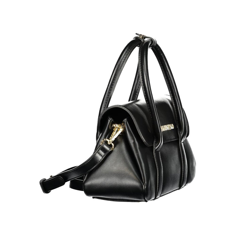 Black polyurethane women's handbag with dual top handles and gold hardware