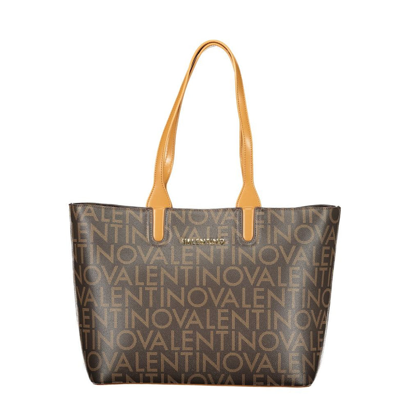Brown polyurethane tote bag with tan handles and allover Valentino logo print
