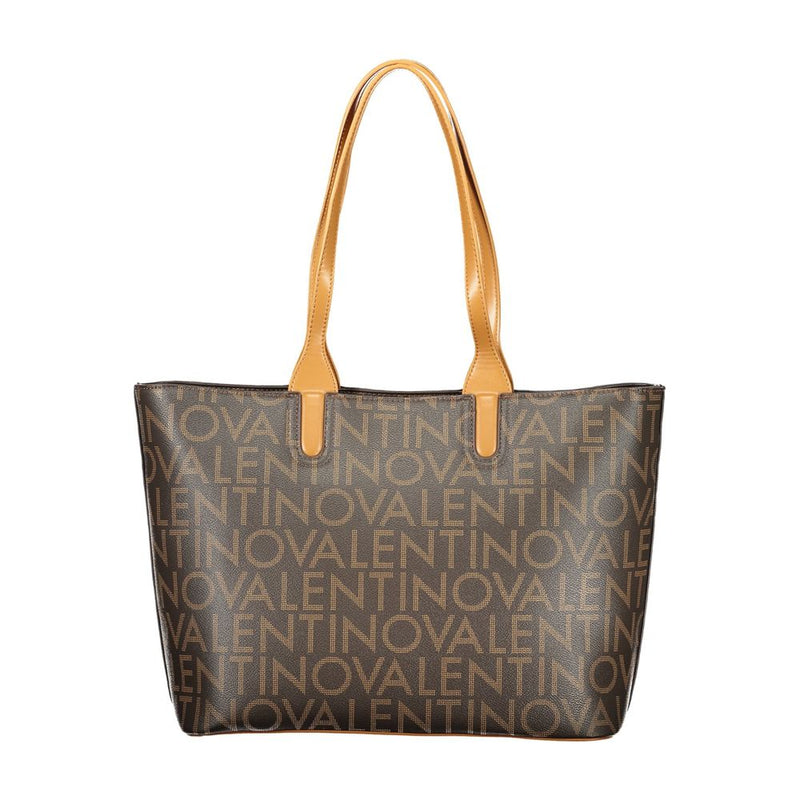 Brown polyurethane tote bag with tan handles and an all-over Valentino logo print