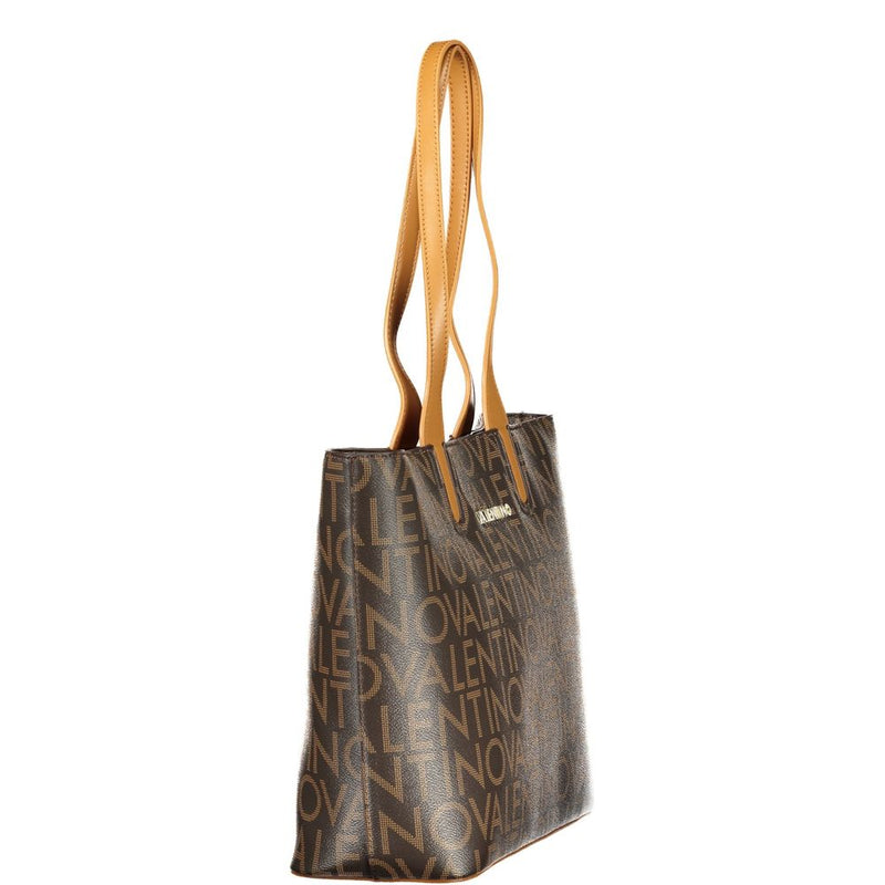 Brown polyurethane Mario Valentino tote bag with tan shoulder straps and allover logo print