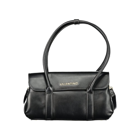 Black polyurethane shoulder bag with top flap, dual straps, and gold Valentino logo lettering