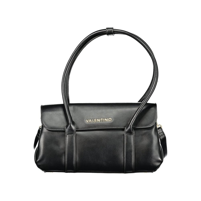 Black polyurethane shoulder bag with top flap, dual straps, and gold Valentino logo lettering