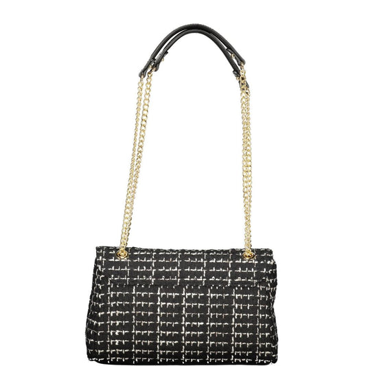 Black and white tweed polyester women's shoulder bag with gold chain straps