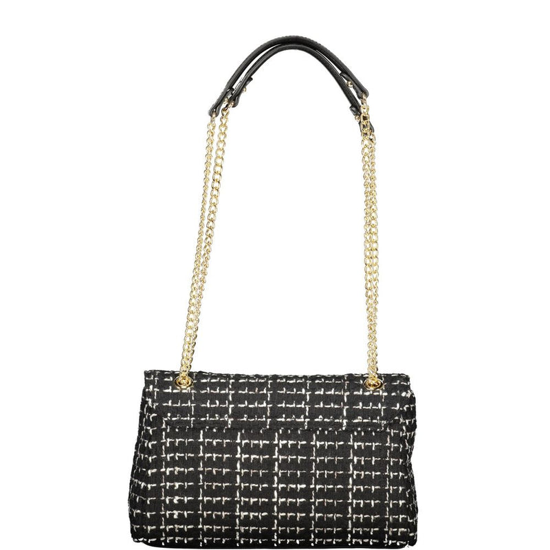 Black and white tweed polyester women's shoulder bag with gold chain straps