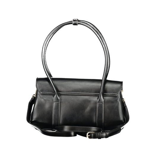 Black polyurethane shoulder bag with long top handles and an adjustable strap
