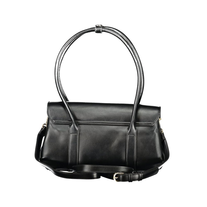Black polyurethane shoulder bag with long top handles and an adjustable strap
