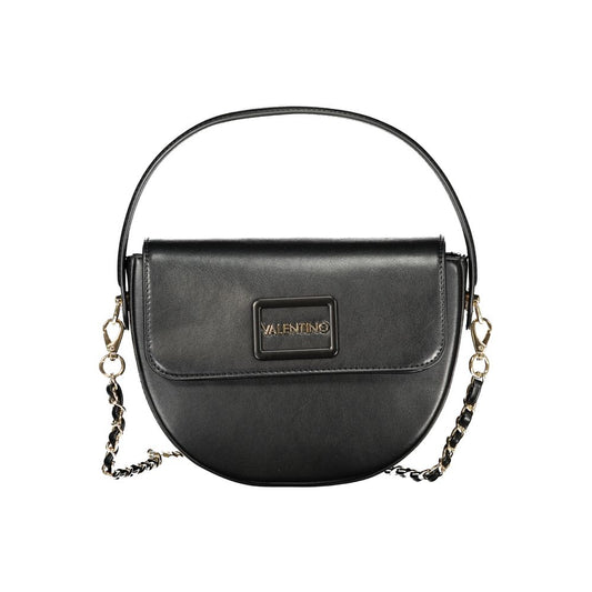Black polyurethane half-moon handbag with a top handle and chain strap