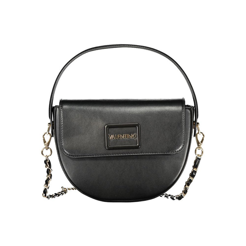 Black polyurethane half-moon handbag with a top handle and chain strap