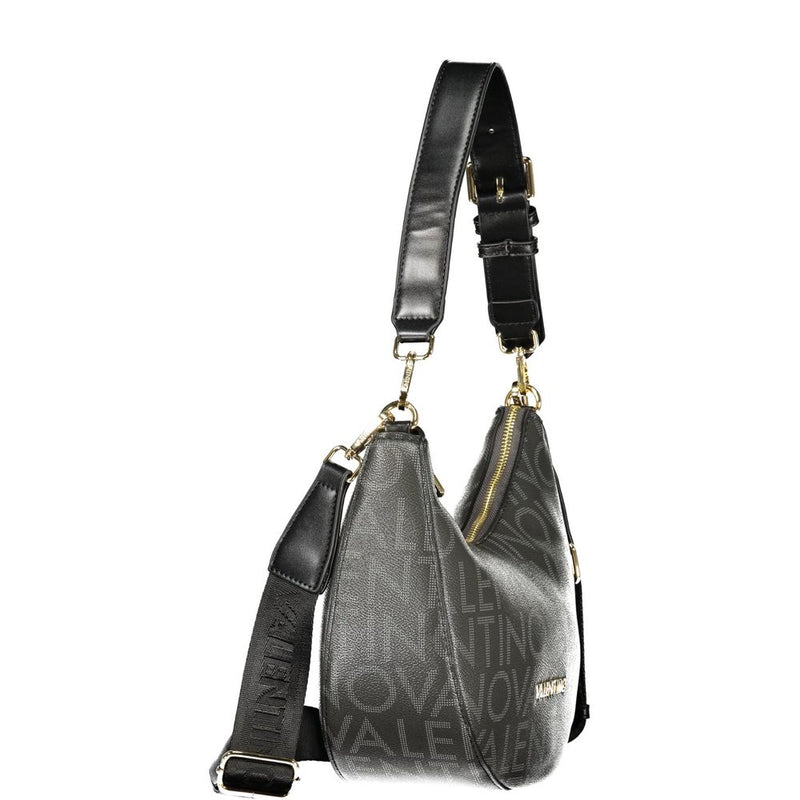 Black polyurethane hobo bag with a logo pattern and two black shoulder straps