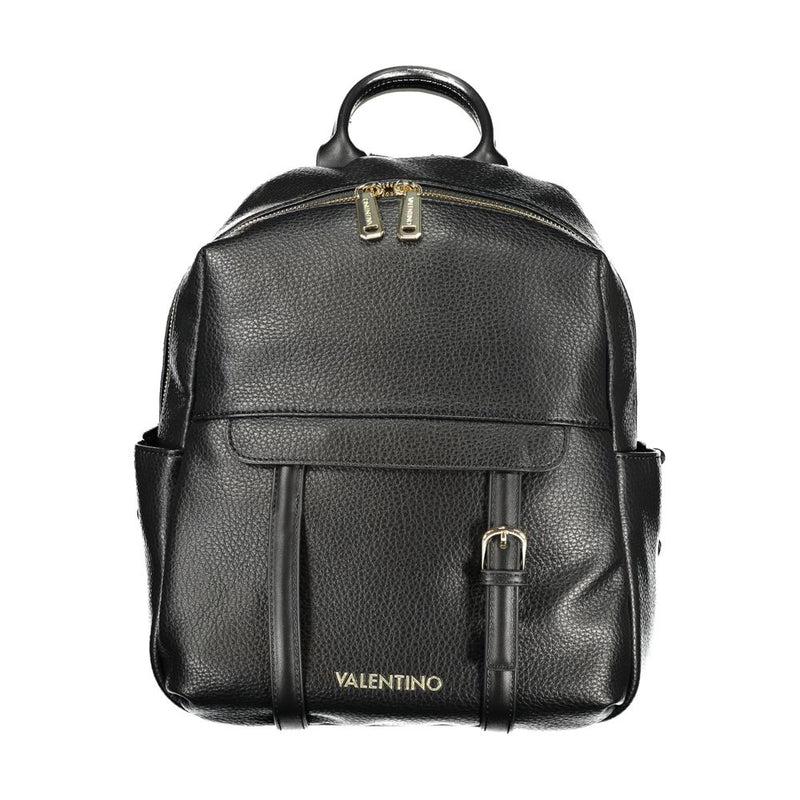 Black textured polyurethane women's backpack with gold zippers and decorative front buckle straps