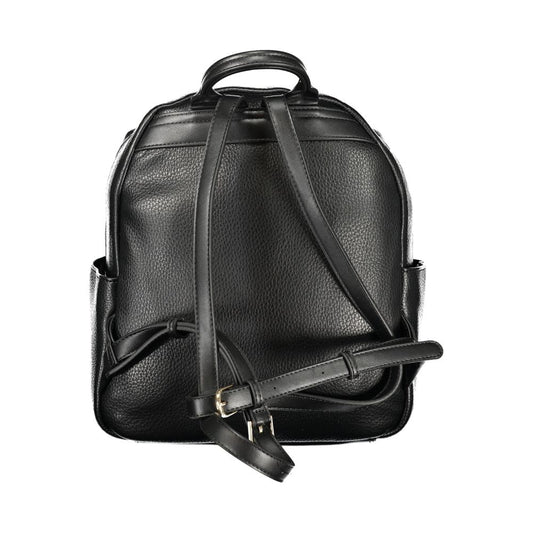 Black polyurethane women's backpack with adjustable shoulder straps viewed from the back