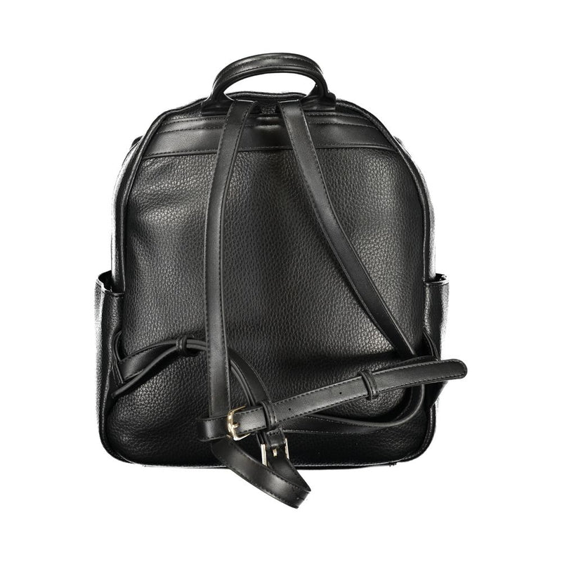 Black polyurethane women's backpack with adjustable shoulder straps viewed from the back