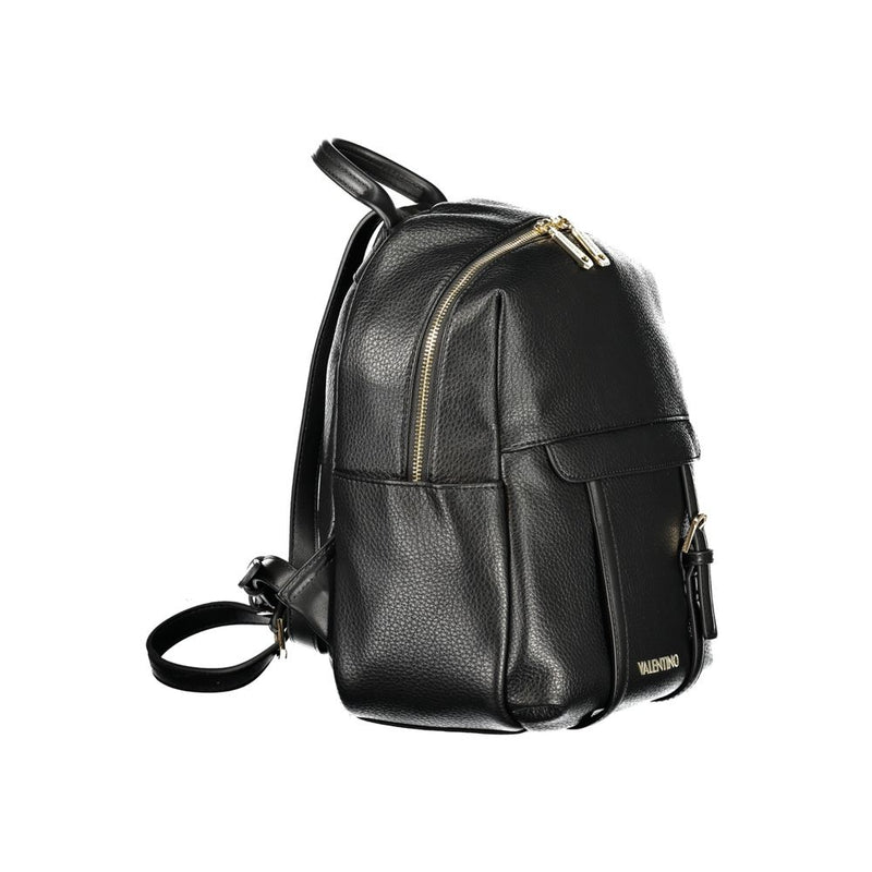 Black pebbled polyurethane women's backpack with gold zippers and front pocket