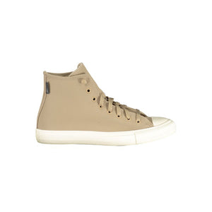 Beige leather high-top Converse sneaker with white rubber toe cap and sole.
