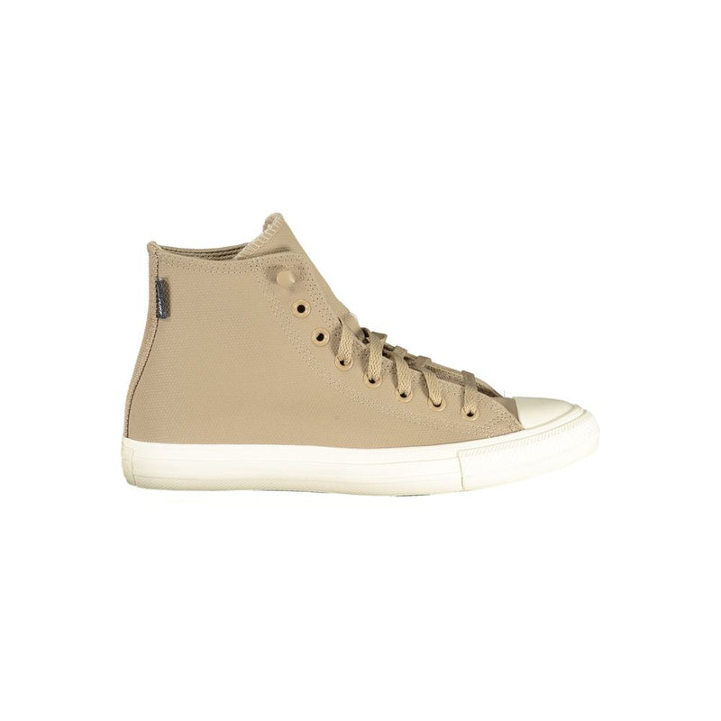 Beige leather high-top Converse sneaker with white rubber toe cap and sole.