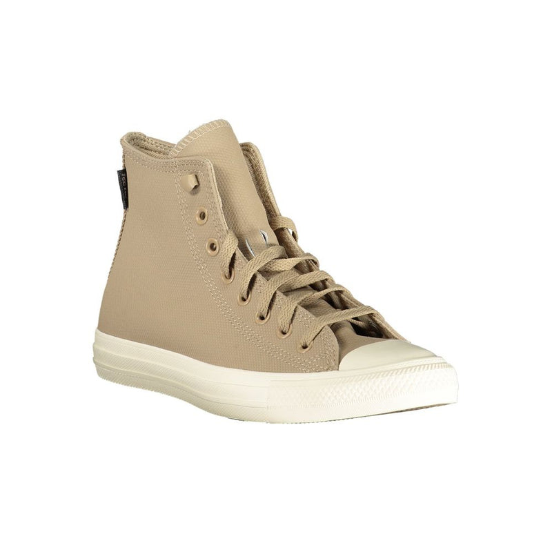 Beige leather Converse high-top unisex sneaker with a classic lace-up design and white rubber sole.