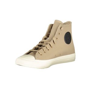 Beige leather high-top Converse sneaker with a white rubber sole and black logo patch.