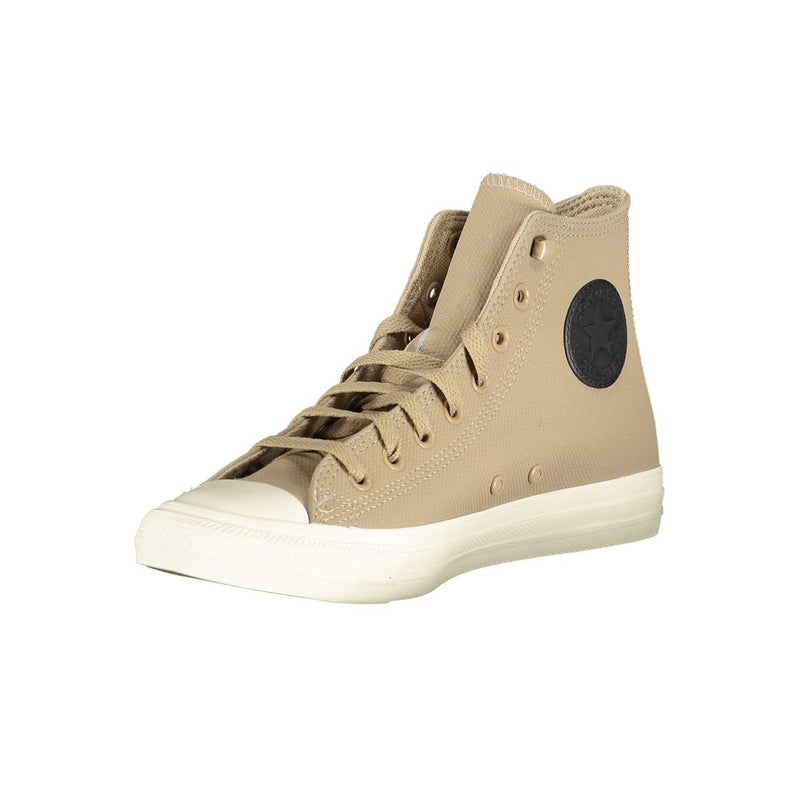 Beige leather high-top Converse sneaker with a white rubber sole and black logo patch.