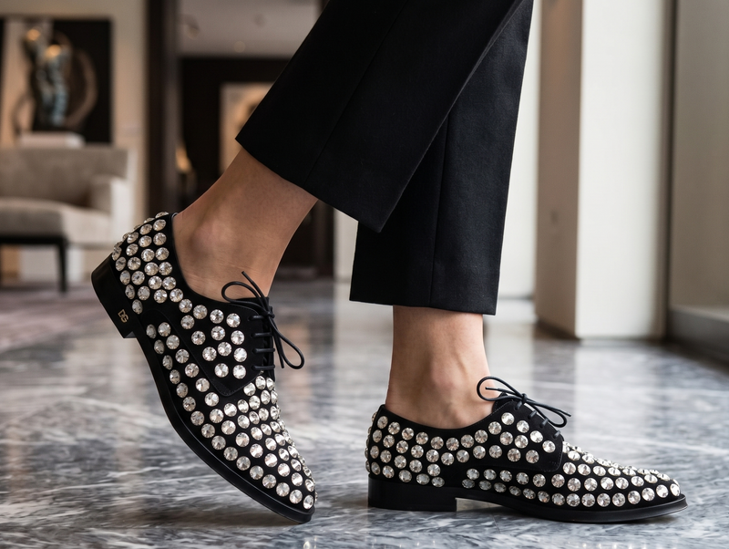 Dolce & Gabbana Black Leather Crystals Lace Up Formal Shoes