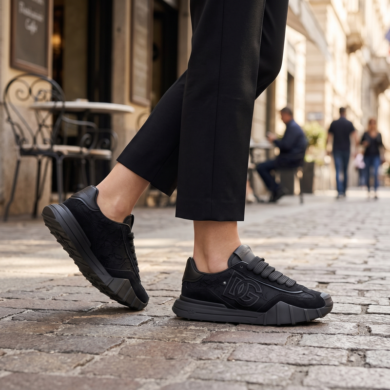 Dolce & Gabbana Black Calf Leather Bos Taurus Chunky Sneakers