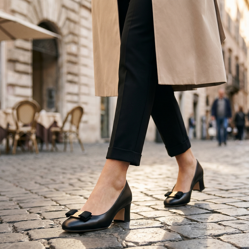 Ferragamo Black Calf Leather Bos Taurus Mid Heel Pumps