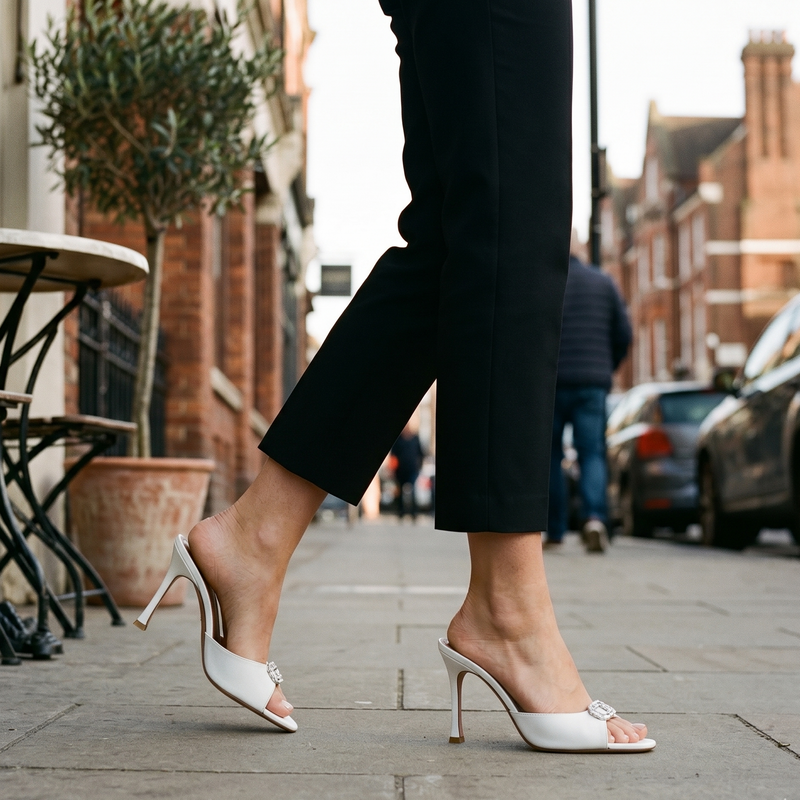 Amina Muaddi White Calf Leather Bos Taurus Stiletto Heel Sandals