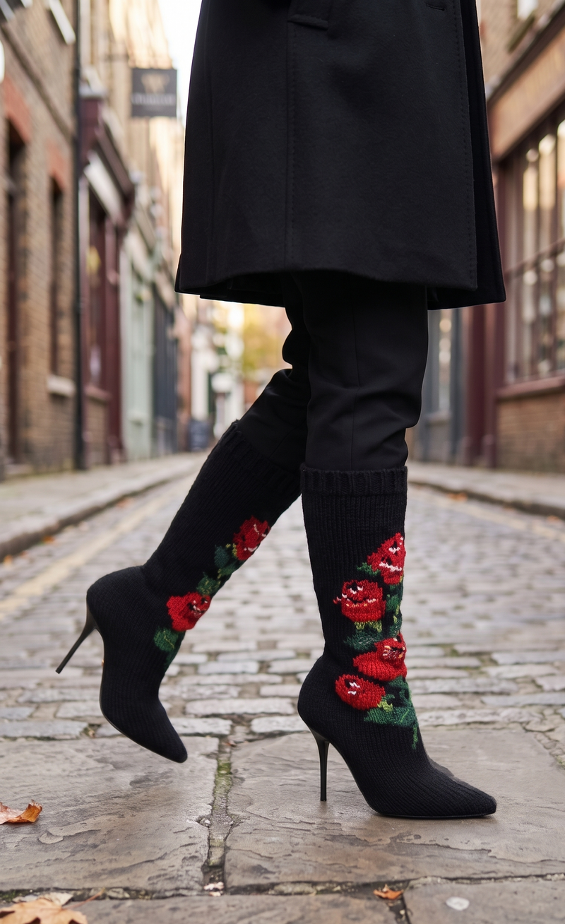 Dolce & Gabbana Black Stretch Socks Red Roses Booties Shoes