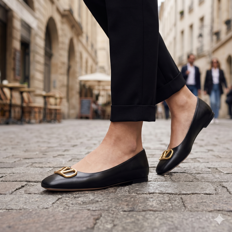 Valentino Garavani Black Calf Leather Bos Taurus Ballet Flats
