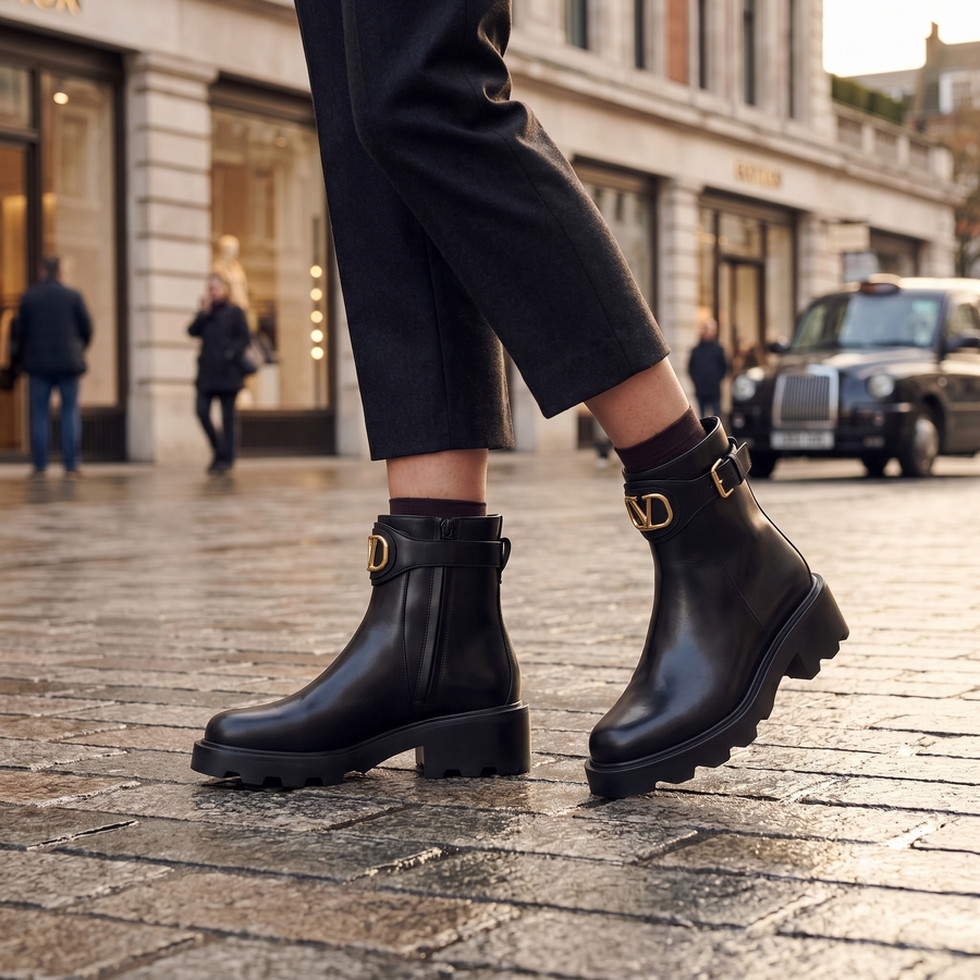 Valentino Garavani Black Calf Leather Bos Taurus Ankle Boots