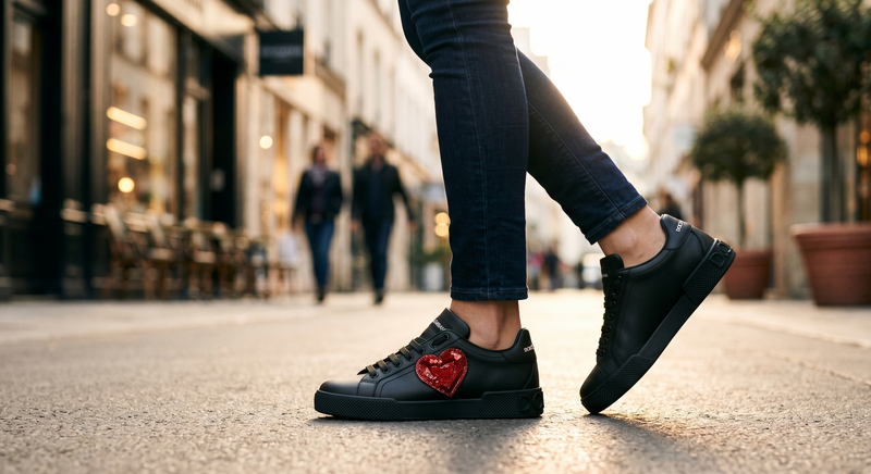 Dolce & Gabbana Black Leather Crystal Heart Low Top Sneakers  Shoes