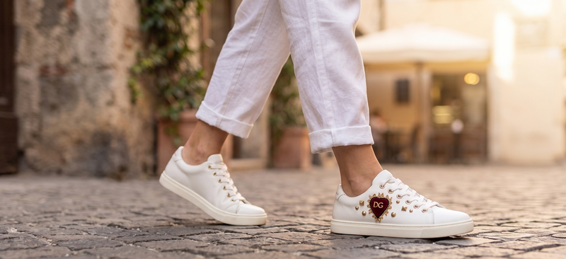 Dolce & Gabbana White Leather Gold Red Heart Sneakers Shoes