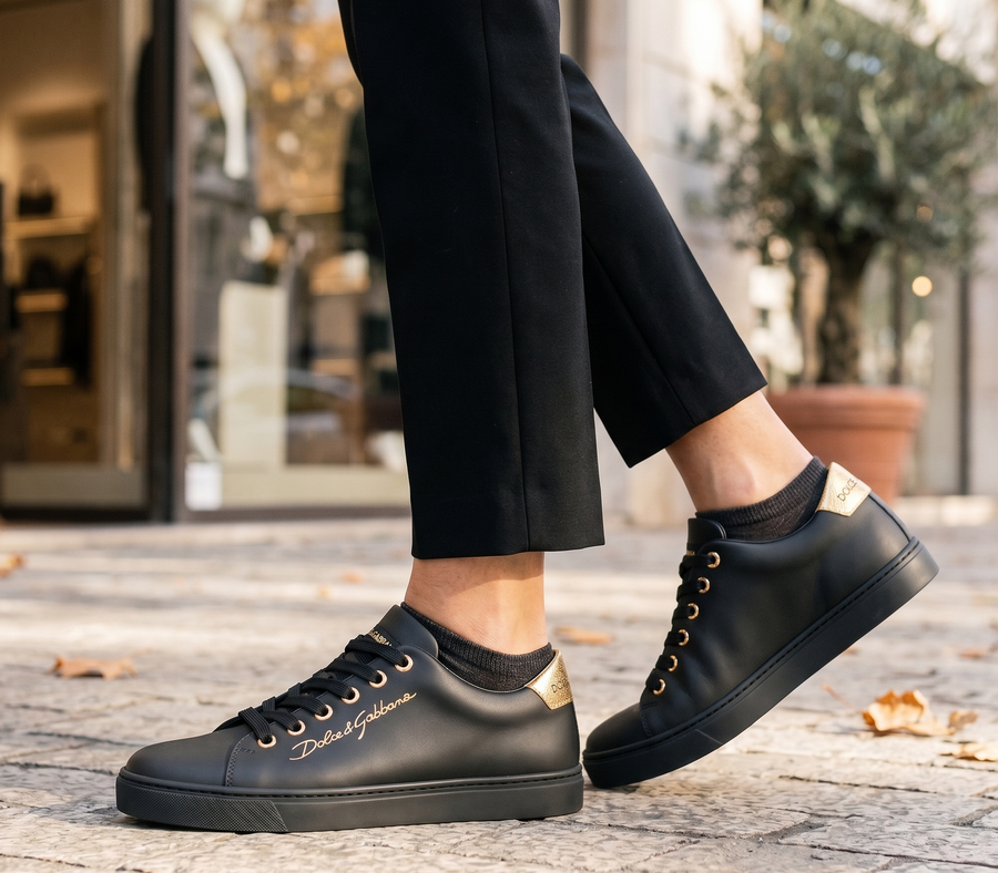 Dolce & Gabbana Black Gold Leather Classic Sneakers Shoes