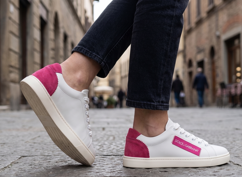 Dolce & Gabbana White Pink Leather Low Top Sneakers Womens Shoes