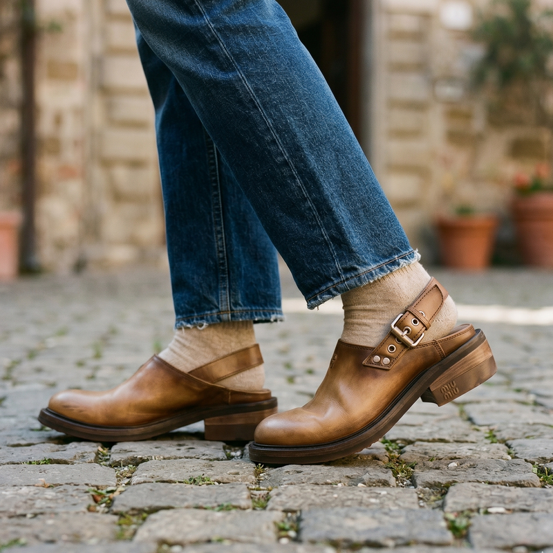 Miu Miu Brown Calf Leather Bos Taurus Mules