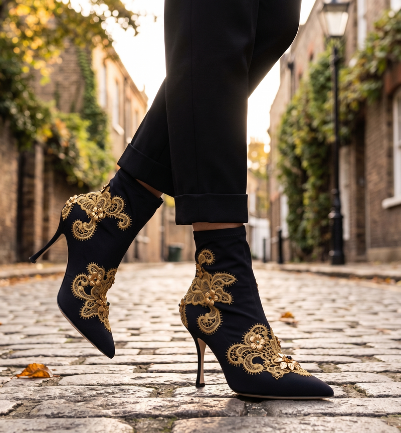 Dolce & Gabbana Black Gold Embroidery Crystal Boots Shoes