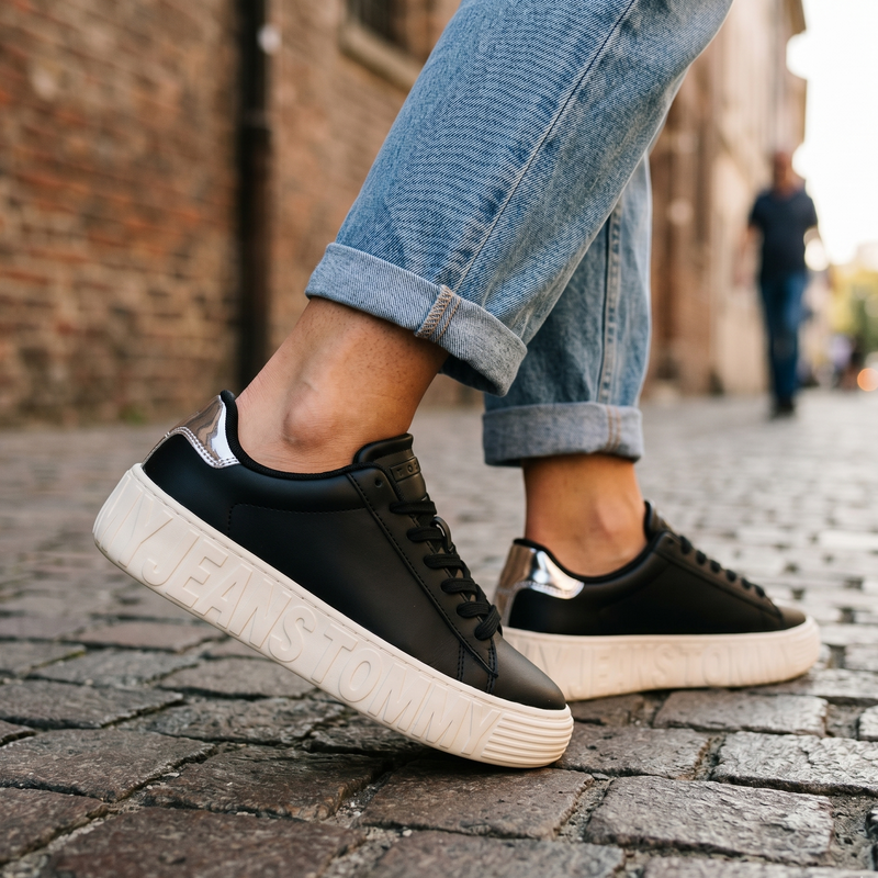 Tommy Hilfiger Black Leather Women Sneaker