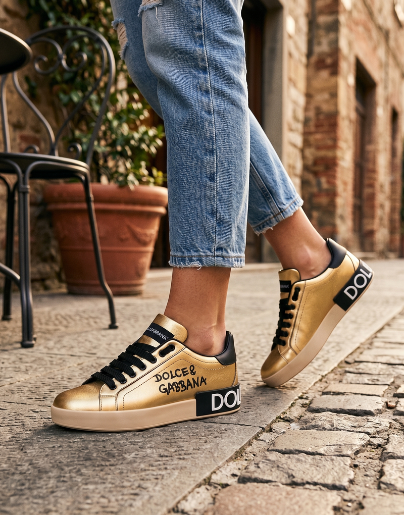 Dolce & Gabbana Gold Portofino Calf Leather Sneakers Women Shoes