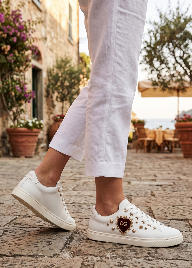 Dolce & Gabbana White Leather Gold Red Heart Sneakers Shoes
