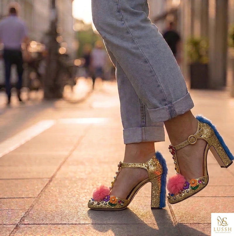 Dolce & Gabbana Gold Fur Trim Glitter T-strap Sandals Shoes